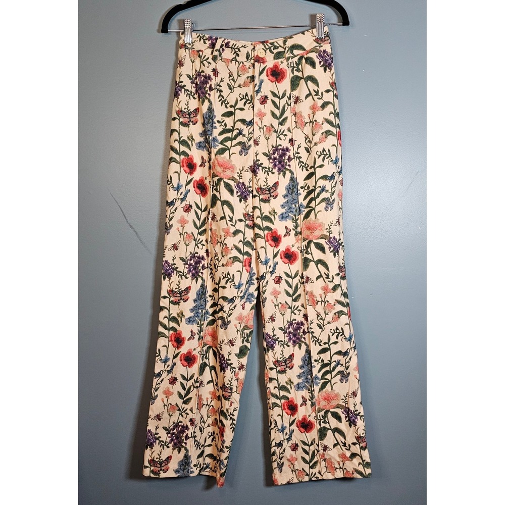 Cider Women XS Floral Corduroy Wide Leg Pants Botanical Butterfly Ladybug Print